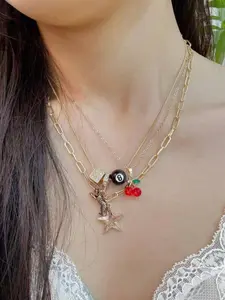 3pcs Leopard & Cherry Necklace Set, Ball-8 Billiard Dice Charm Necklace, Cherry Necklace, Fashionable Star Necklace, Classic Leopard Necklace