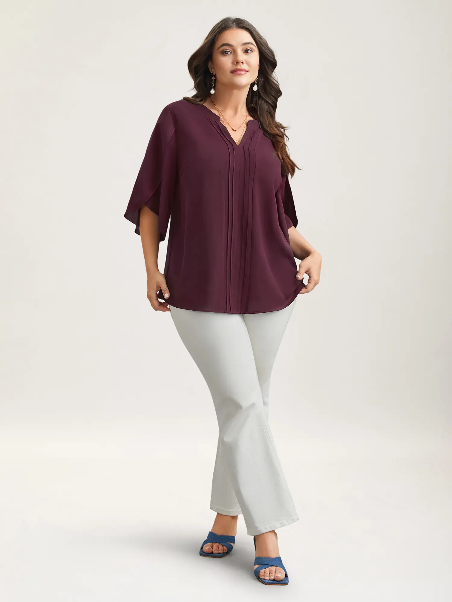 Women's Plus-Size Polyester Fabric Shirt - Toothpick Pleat Design, Pleated Petal Sleeves, Arm Freedom Fit, Summer Women's Clothing Garment, Top, Blouse, Basic, Office Wear, Business, Regular, Elbow-Length
