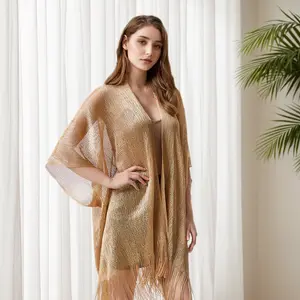 Sparkling Metallic Shawls and Wraps Tassel Cover Ups Hollowed Out Sunscreen Versatile Shawl Summer Beach Wear for Evening Dresses Party Wedding Bride Bridesmaid Boho Fashion
