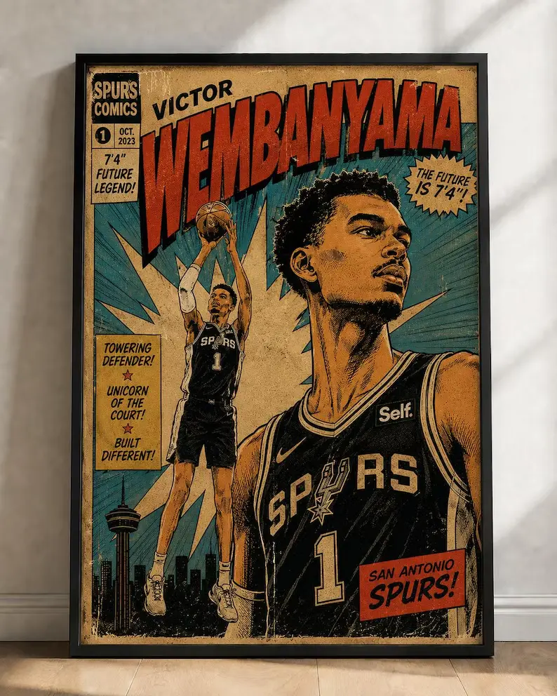 Victor Wembanyama Poster, San Antonio Spurs, NBA Basketball Digital Portrait, Retro Comic Prints, Boys Girls Kids Teens Adults Movie Room