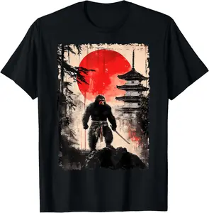 Samurai Bigfoot Japanese Vintage Graphic Ukiyo-e Art Funny Casual Short Sleeve Cotton T-Shirt