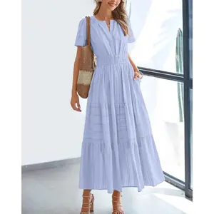 Women's 2026 Summer Lightweight Short-Sleeve V-Neck Elastic Waist Boho Beach Midi Dress with Pockets, Pull-On Casual Outfits, Shortsleeve,summervibes