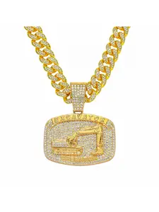 New Full Diamond Excavator Card Pendant with Cuban Link Chain, European and American Style Hip-Hop Club Party Ornament Necklace