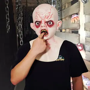Halloween Horror Scary Giant Baby Mask, Bald Blood Stain Fangs Scream Design, Full Face Latex Cosplay Party Prop, Adult Realistic Terror Costume Tool