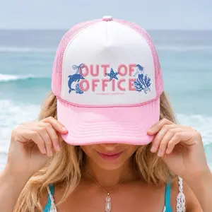 "OUT OF OFFICE" Cute Coastal Trucker Hat, Adjustable Mermaid + Dolphin Cap
