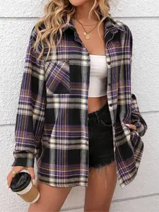 Women's Casual Aesthetic Plaid Long Sleeve Blouse Top, Casual Style Shirt, Loose Fit Design with Pockets, Perfect for Spring & Fall, Daily Wear Essential, Casual Shirts