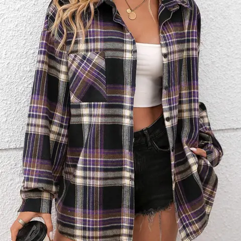Women's Casual Aesthetic Plaid Long Sleeve Blouse Top, Loose Fit Design with Pockets, Perfect for Spring & Fall, Daily Wear Essential, Casual Shirts, Loose Tops