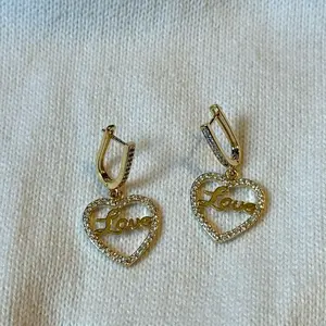 Gold Heart ‘Love’ Dangle Earrings with Crystals