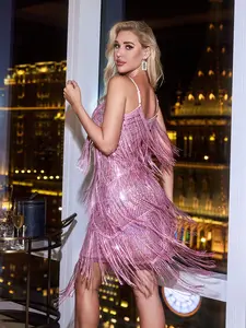 Apperloth Studio Women's Sequin Fringe Mini Dress Spaghetti Strap V Neck Flapper Dress for Party Club Fashionable and Stylish