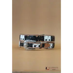 LA HERRADURA AZTEC BLACK WHITE CARDS HANDTOOLED NEW DESIGN BELT