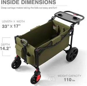 EVER ADVANCED Foldable Wagons for Two Kids & Cargo, Collapsible Folding Wagon Stroller with Adjustable Handle Bar,Removable Canopy with 5-Point Harness,Green