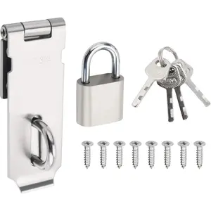 Door Lock Hasp Latch with Padlock,4 Inch SUS 304 Stainless Steel Safety Packlock Clasp Hasp Lock Latch, with Fixing Screw for External Doors Window Cabinet Pet Cage, Brushed Finish,MST009-LS