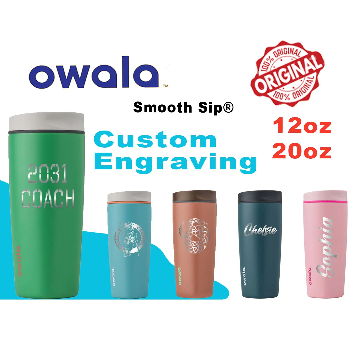 12oz, 20oz Owala Smooth Sip Tumbler | Personalized Stainless Steel Cup with Lid | Laser Engraved Insulated Tumbler For Coffee, Zengraved