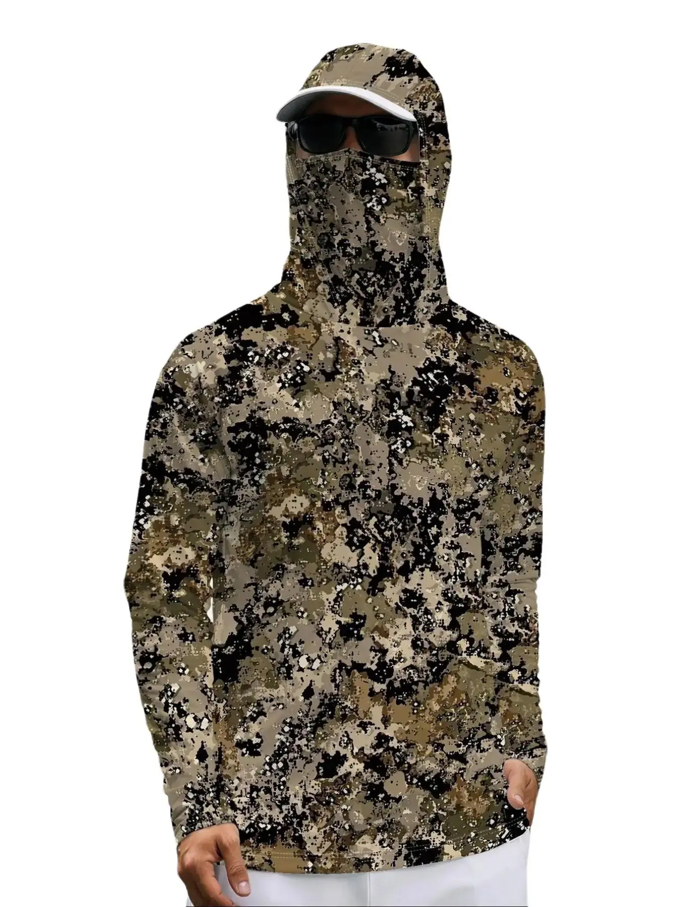 [New] Men's outdoor hooded face mask long-sleeved clothing fishing mountaineering cycling sports top sun protection hoodie vintage camo athletic fit