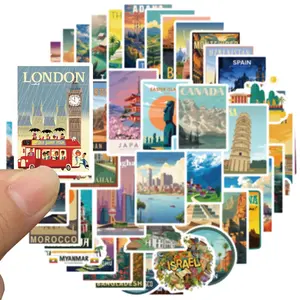 50 Pcs World Travel Stickers Set Cityscape Aesthetic Travel Map Sticker Vinyl Waterproof Stickrs for Water Bottles Laptops Bike Car Motorcycle Skateboard Car Decorative Sticker
