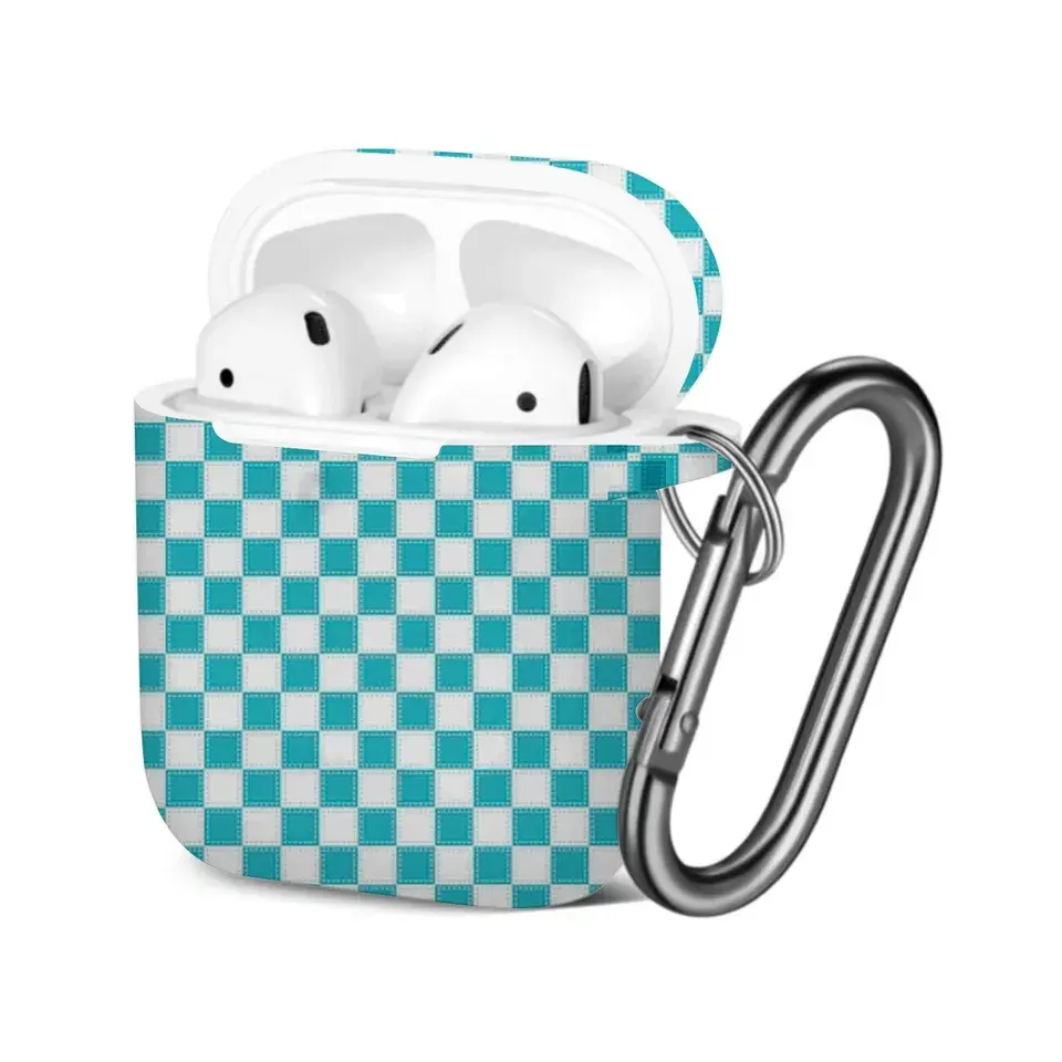 Turquoise Checkerboard AirPods Case, Blue White Checkered Protective Wireless Earbuds Cover, Cute Retro Travel Accessory
