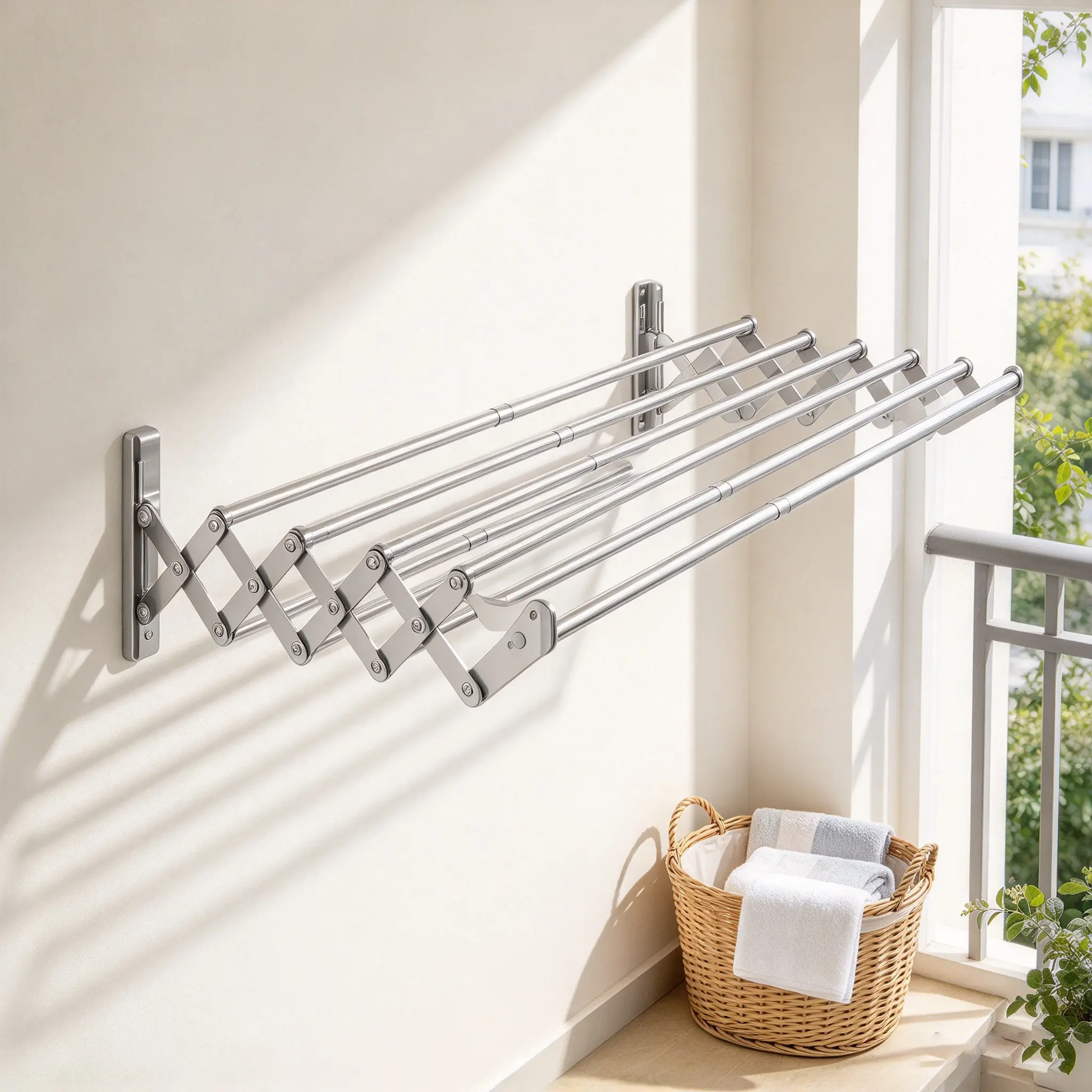 Modern Silver 201 Stainless Steel Wall-Mounted Retractable Clothes Drying Rack, Triangular Structure, 7 Drying Rods, Rustproof and Durable, No-Drill Installation, Home Wall-Mounted Clothing Drying Rack