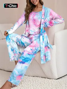 Women's Fashion Print Halter Top Set, Slim Fit Pants & Outerwear with Belt, 3 Piece for Casual Wear