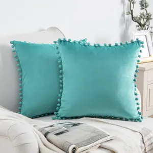 Silky Velvet Series Pom Pom Decorative Throw Pillow with Insert, 18" x 18", Turquoise, 2 Pack