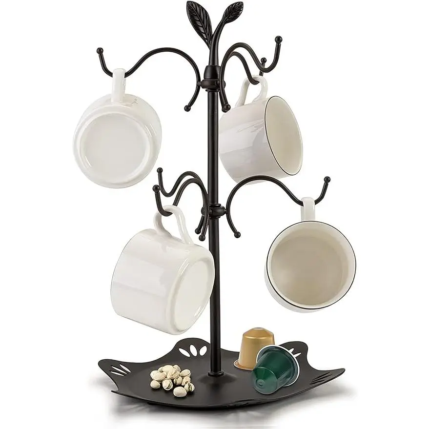 Coffee Mug Holder for Large Mugs, Mug Tree for Counter, Coffee Cup Holder for Countertop, Mug Rack with Tray, Metal Coffee Mug Tree with 6 Hooks, Coffee Counter Bar Accessory & Kitchen Home Organizer Black