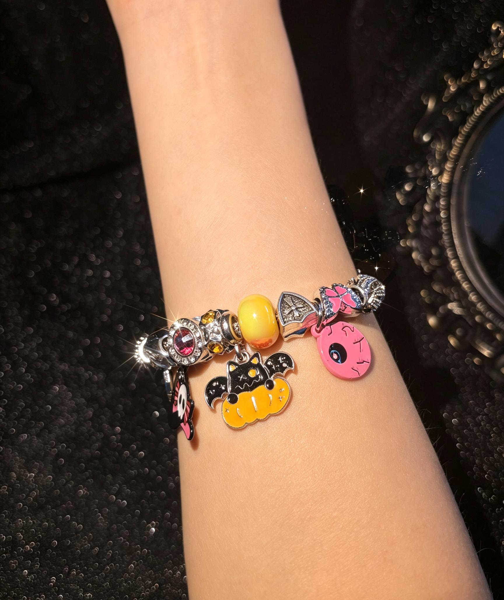 Women's Spooky Cute Halloween Charm Bracelet - Silver-Tone Snake Chain with Pirate Skull, Bat-Pumpkin, Voodoo Doll Enamel Dangles, Pave Crystal Large Hole Beads - Costume Party Jewelry Gift