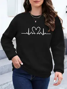 Women's Casual Heartbeat Graphic Sweatshirt, Soft Long Sleeve Round Neck Pullover, All-Season Comfort Clothing
