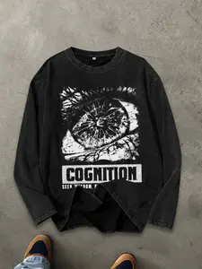 Men's Washed Vintage Round Neck Long Sleeve T-Shirt, Casual Fashion Tee for Daily Wear, Comfortable Cotton Material, Perfect for Spring & Fall, Menswear
