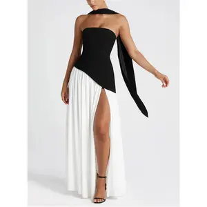 Strapless Solid Color Slit Dress Slim Fit Backless Long Dress