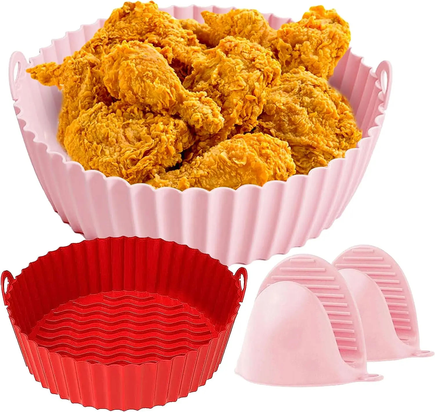 Air Fryer Silicone Liners with Heat Gloves-Pack of 2,Round Shape with Handles (Red & Pink)