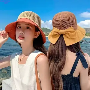 Women's Summer Sun Protection Straw Hat Hollowed Out Korean Style Trendy Versatile Travel Bucket Hat for Casual Outings and Travel