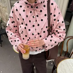 Women's Polka Dot Jacket Lightweight Stand Collar Cropped Jackets Casual Fashion Coat Fall Spring Jacket with Pockets