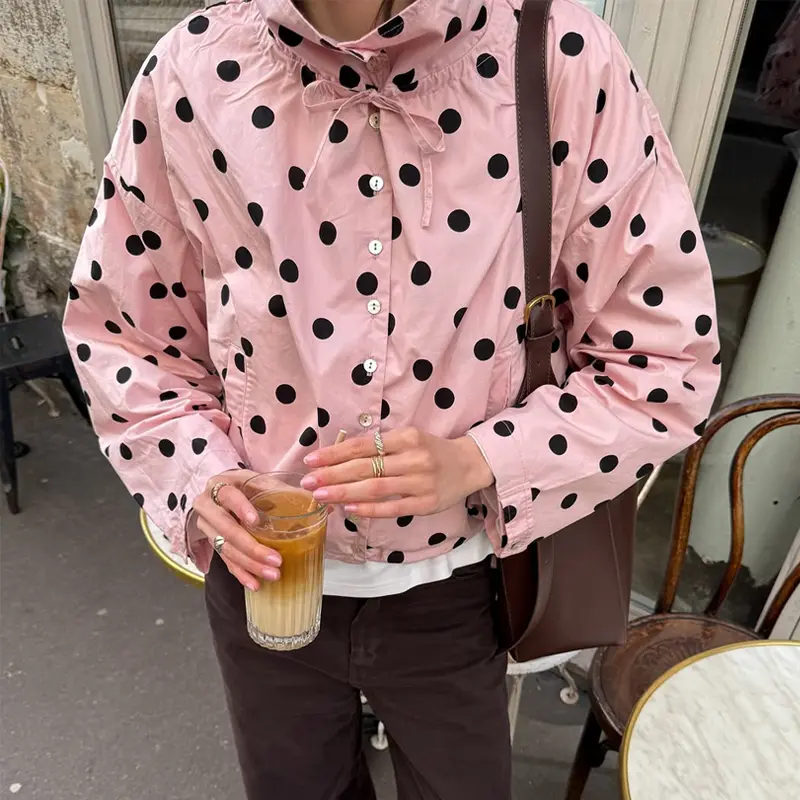 Women's Polka Dot Jacket Lightweight Stand Collar Cropped Jackets Casual Fashion Coat Fall Spring Jacket with Pockets