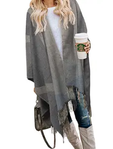 Gray Women's Shawl Wrap Poncho - Open Front Boho Buffalo Cardigan with Oversized Fringed Cape, Knitted Sweater with Tassel Detail - Fall Winter Fashion Travel Blanket