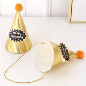 1 Cardboard Party Hat with Golden Silk Thread Puff, Golden Finish Festive Decoration (Home & Party Supplies Accessory)