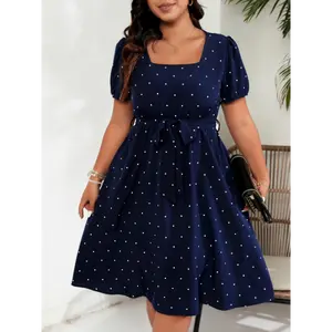 2025 Polka Dot Print Casual Square Neck Short Sleeve Belted Dress, Women's Plus Size Clothing modest dresses