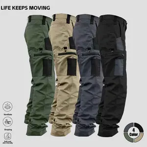 LIFE KEEPS MOVING Men’s Solid Color Tactical Cargo Pants, 4-piece set featuring multiple pockets and a zip closure—durable outdoor training pants available in various colors, suitable for fishing, outdoor activities, work, hiking, camping, and more, ideal