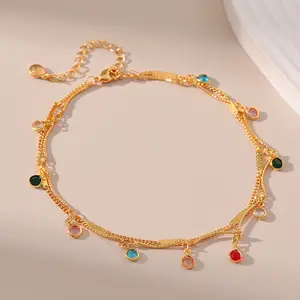 Spring/Summer New Arrival: Beach Anklet — Gold-Tone Chain with Colorful Glass Rhinestones (Fresh & Delicate Style)