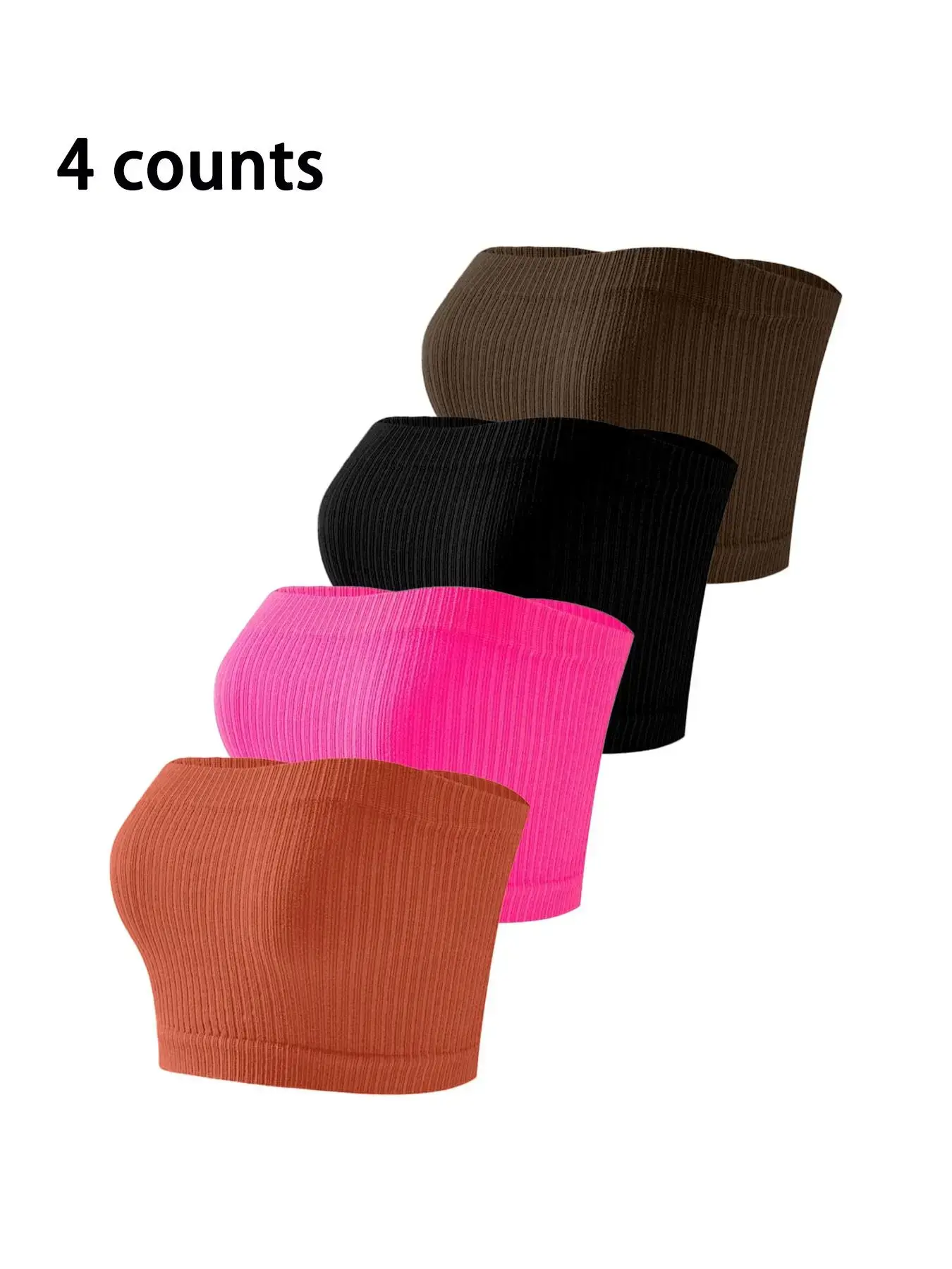 4-Pack Ribbed Tube Top Set Plus Size Casual Solid Color Bandeau Crop Top, Sleeveless, Stretchy Soft Fabric, Y2K Clothes Summer Daily Wear, Tank Tops, Casual Beach Tank, Comfortable Fit Casual Ensembles, Party Casual Wear, Cropped Tank Top
