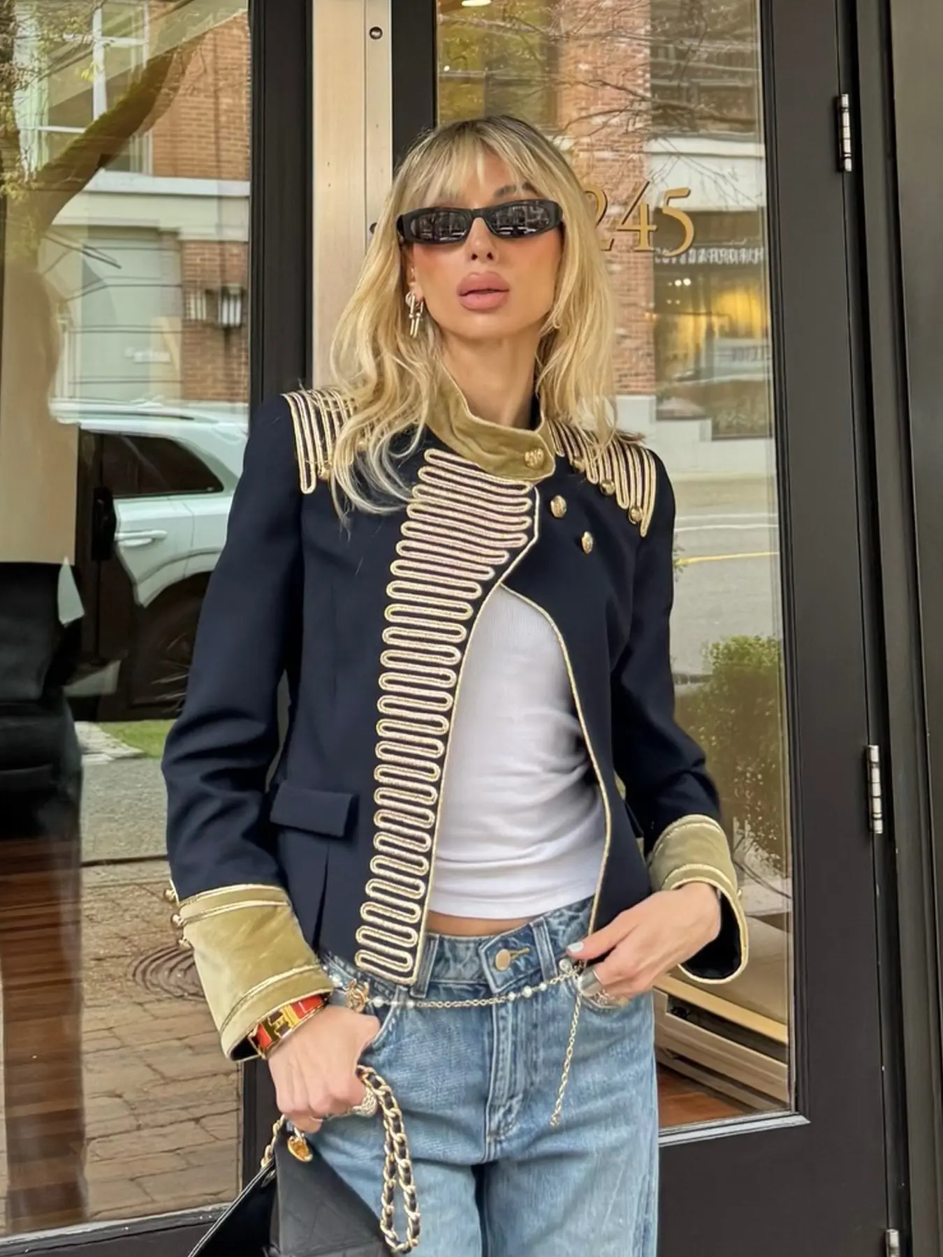 Women's Cropped Military Casual Jacket Fitted Women's Long Sleeve Top Female Slim Fit Button Up Coat Blue Women's Jacket With Velvet Chic High Quality Fashionable Outerwear New In Coats Streetwear