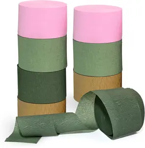 8 Rolls Moss Sage Green and Pink Crepe Paper Streamers for Wedding, Bridal Shower, Engagement Party Decorations - 82 Ft Long Boho Party Supplies GAQWOK