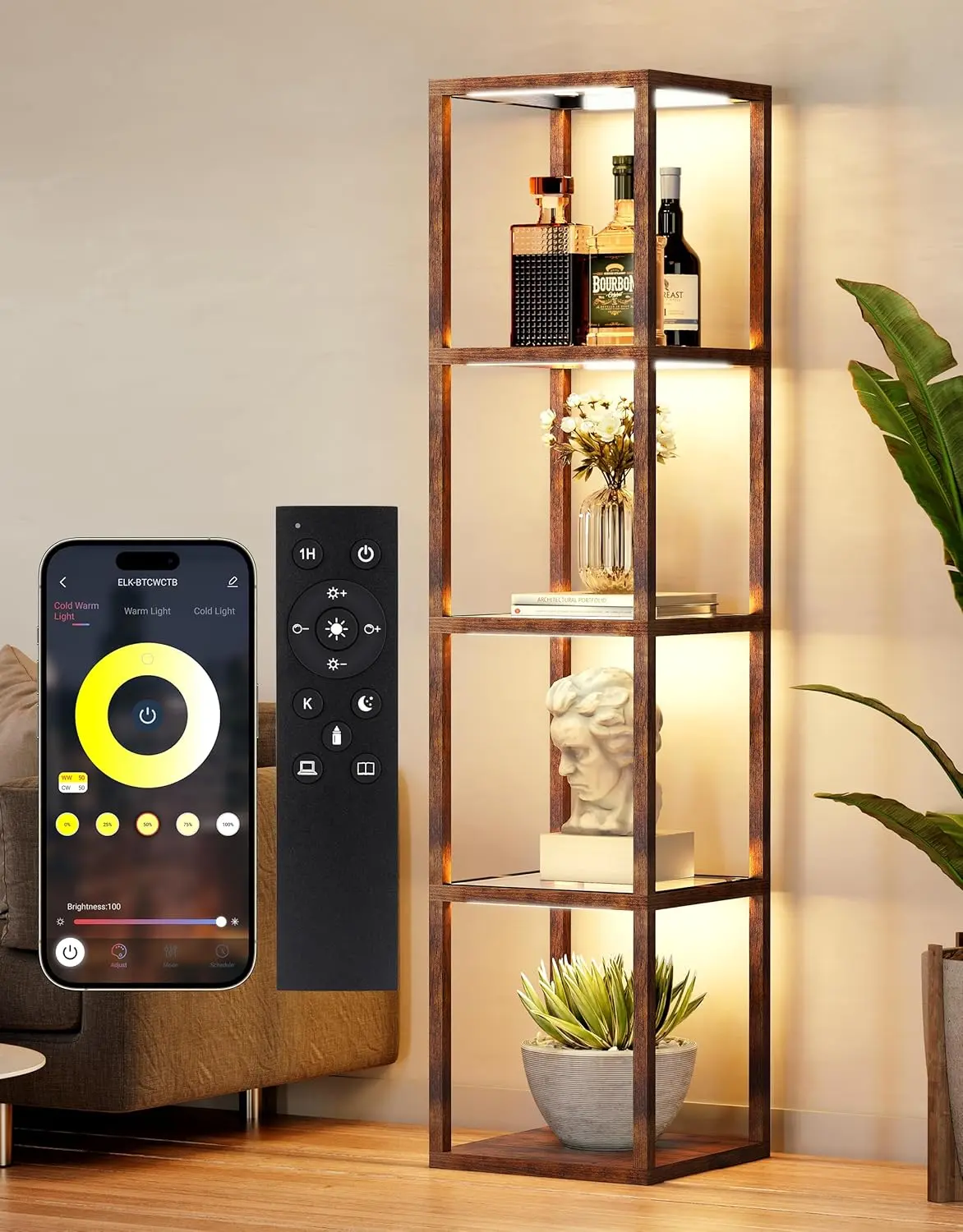 Floor Lamp Glass Display Shelf with Remote/APP Control, Dimmable LED Floor Lamp with Shelves, Open Display Cabinet, Color Temp Control (2700K-6000K), Rustic Brown