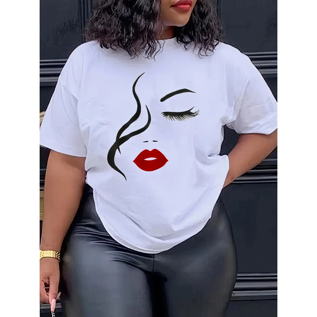 Women's 100% Cotton Oversized Baggy Ribbed Crew Neck Shortsleeve T-Shirt - 180g/m² Boxy Fit Vintage Streetwear, Fade-Resistant High-Detail Graphic Face Print, Breathable Spring-Summer Unisex Casual Basics, Everyday