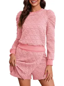 Renaishow Women's 2 Piece Lounge Wear Set Long Sleeve Argyle Sweatshirts & Wrap Skorts Casual Sets in Pink Quilted Design