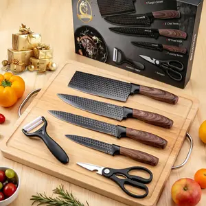 6-Piece Professional Kitchen Knife Set, Ultra-Sharp Hammered Stainless Steel Blades with Ergonomic Wood-Grain Handles, Non-Stick Vegetable & Meat Chef Knife Set for Home Cooking & Gift Giving box