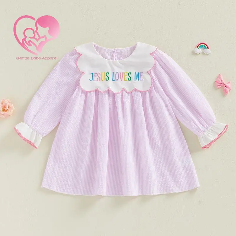 GBA Toddler Baby Little Girls Easter Dress Cute Letters Embroidery Long Bubble Sleeve Striped Dress Spring Summer 1-7 Years