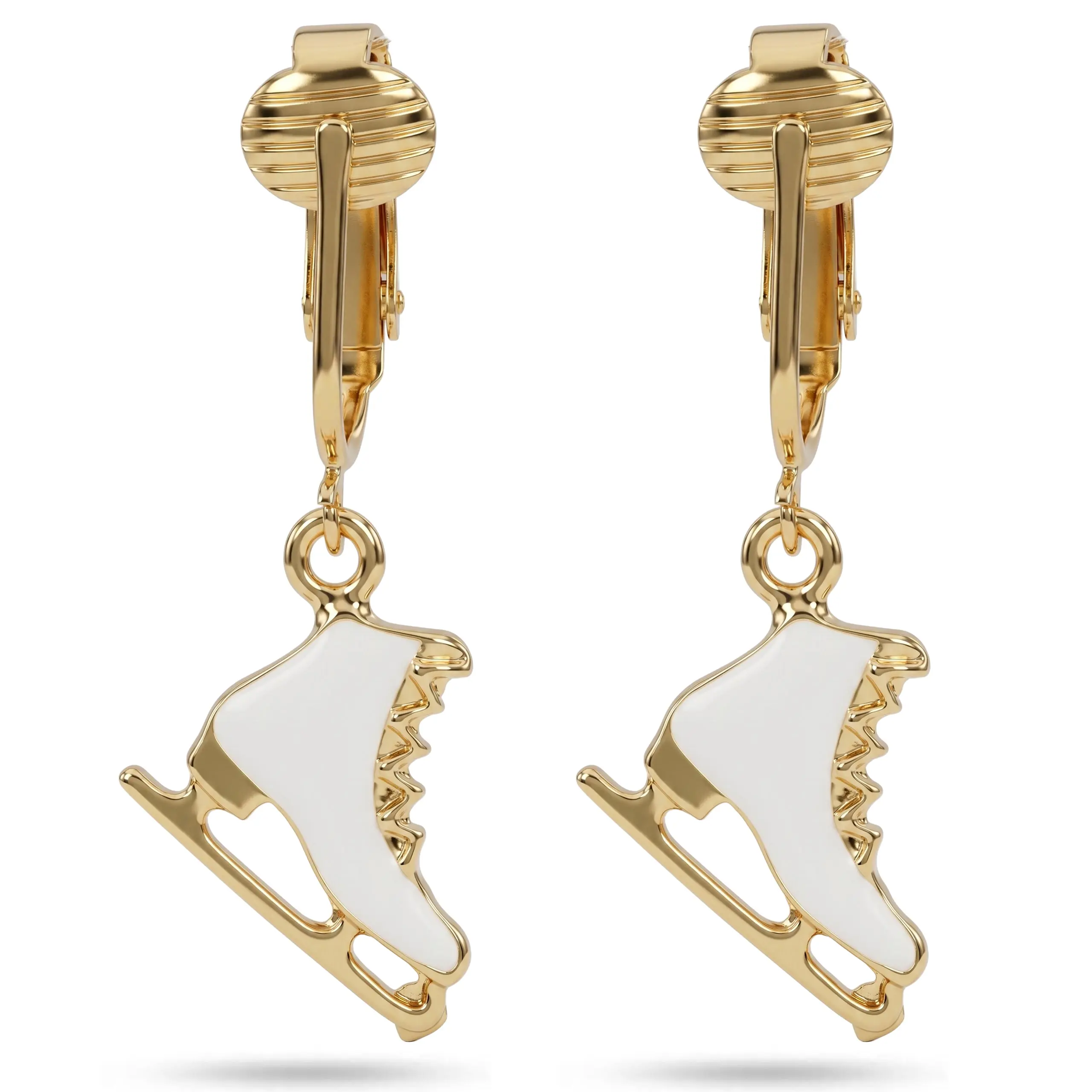 Gold Ice Skates Clip On Dangling Earrings