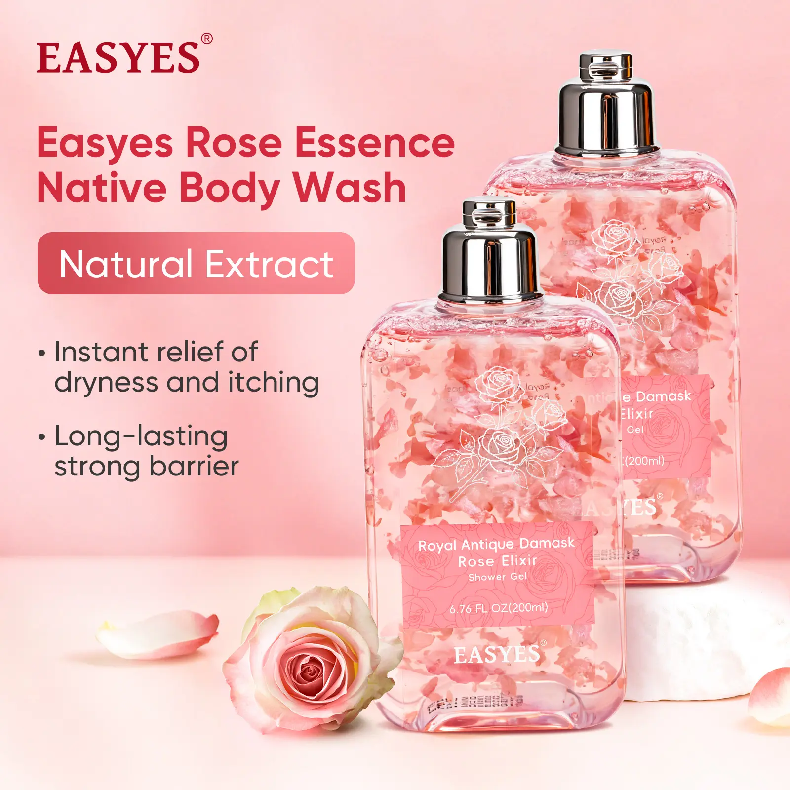 【L】Easyes Rose Essence Native Body Wash - for Dry Sensitive Skin 3X repair Deep Instant relief of dryness and itching Red rose fragrance Moisture Soft Skin vegan no animal testing The best choice for gifts