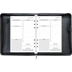Zipper Planner Organizer, Undated Starter Set Simulated Leather Cover, 6-Ring Binder, A5, Black