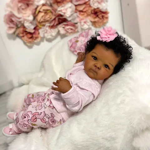 Lifelike Reborn Baby Dolls 18 inch 45 cm Vinyl Limbs Mixed Race Black Soft Cloth Body & Curls Realistic-Newborn Dolls African American Real Life Baby Washable Feeding Kit & Gift for Kids