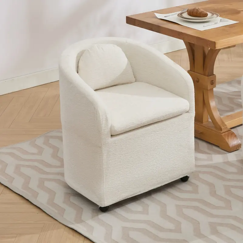 Beige Chenille Upholstered 360° Swivel Dining Chair with Casters, Curved Armrests and Back Cushion, Barrel Design Indoor Furniture for Dining Room, Set of 1, Chenille Upholstery